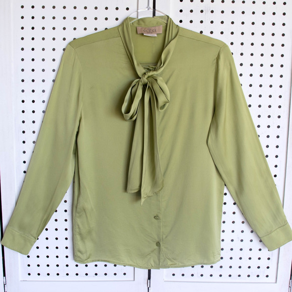 Gucci Tops - Gucci Uniform SILK Womens SIZE 34 Top Tie Neck Blouse Green LS